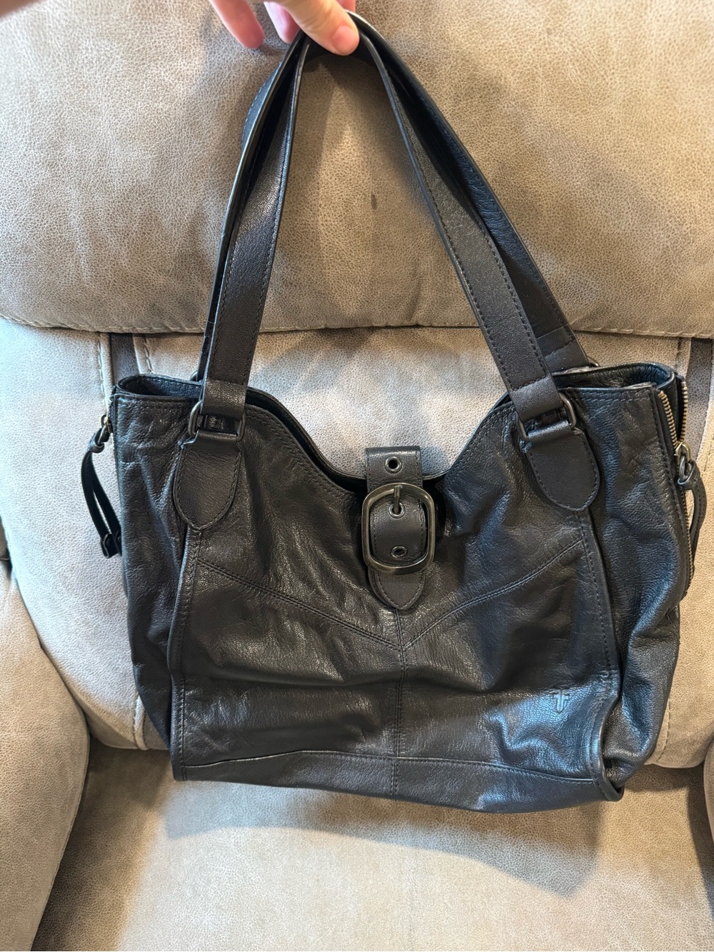 Frye Black Leather Shoulder Bag with Buckle Accent